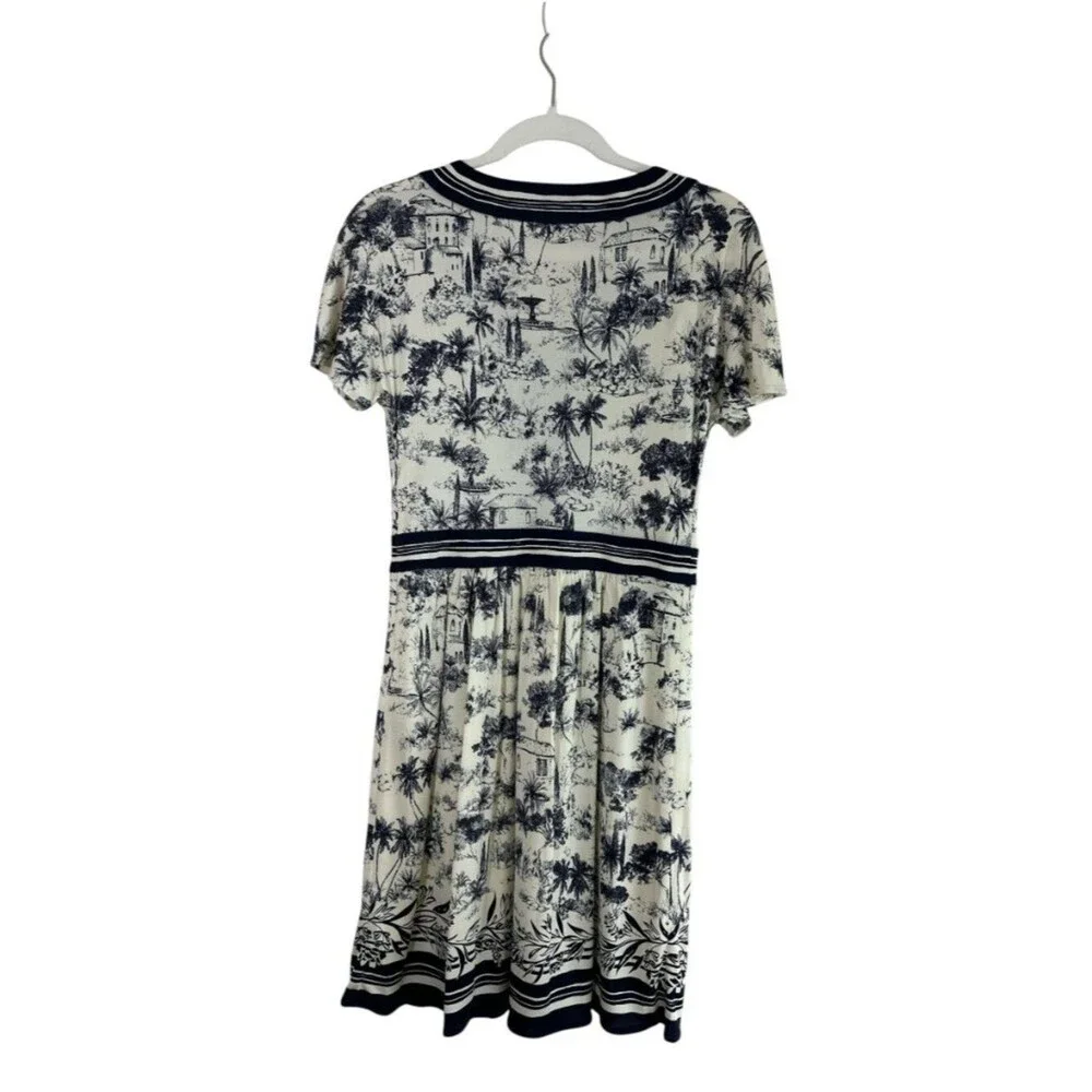 Tory Burch Silk Interlock Dress Blue Ivory Toile Print V-Neck Designer sz S/P